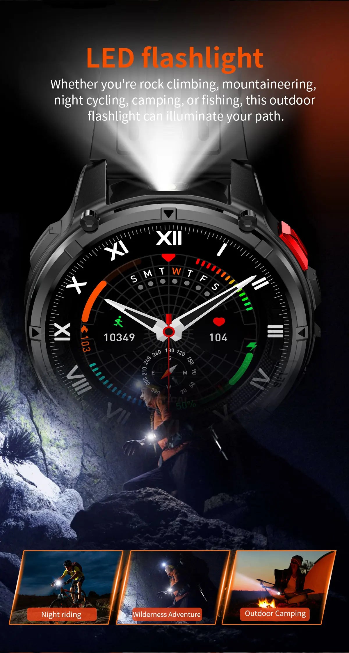 Waterproof GPS Compass Flashlight 1.7" AMOLED HD Call Sports Smart Watch