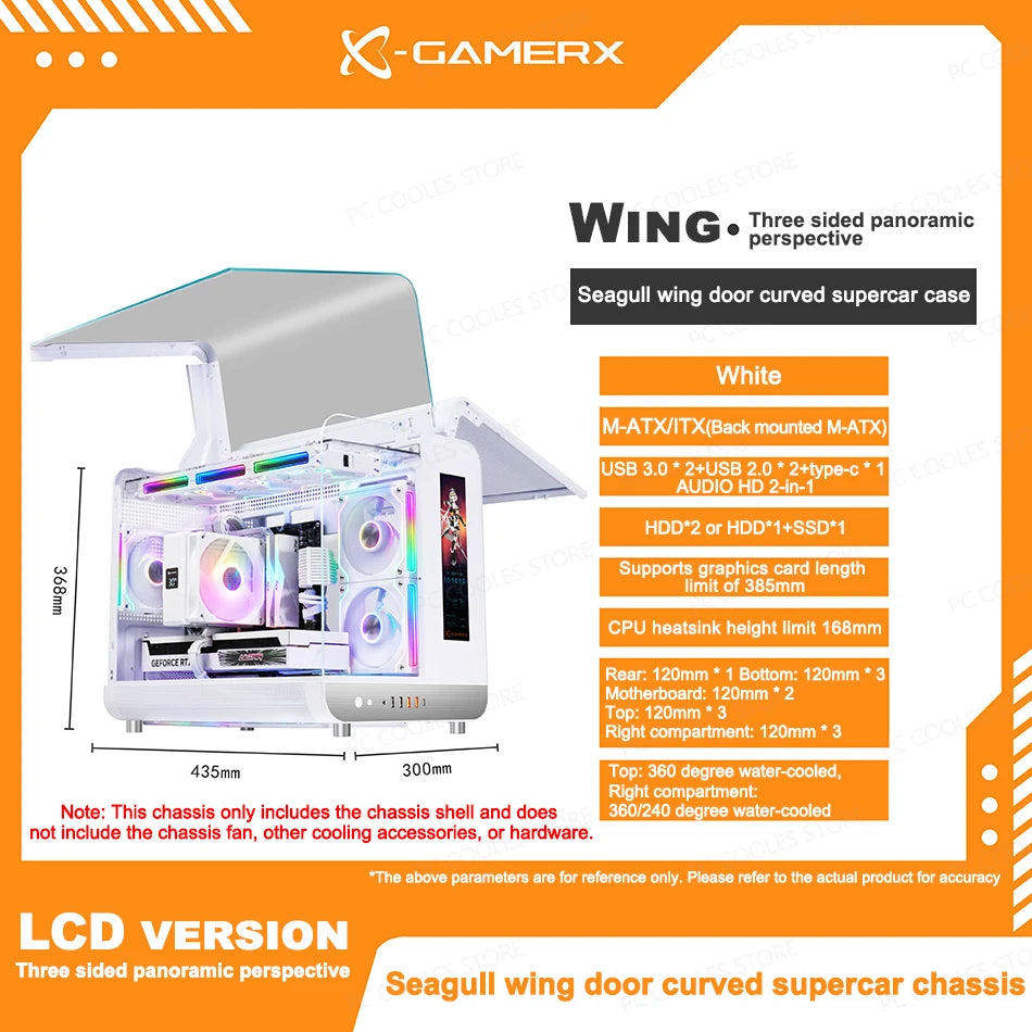 X-GAMERX Phantom Wings LCD Edition Black Seaview Room Case 360 Water-cooling Host