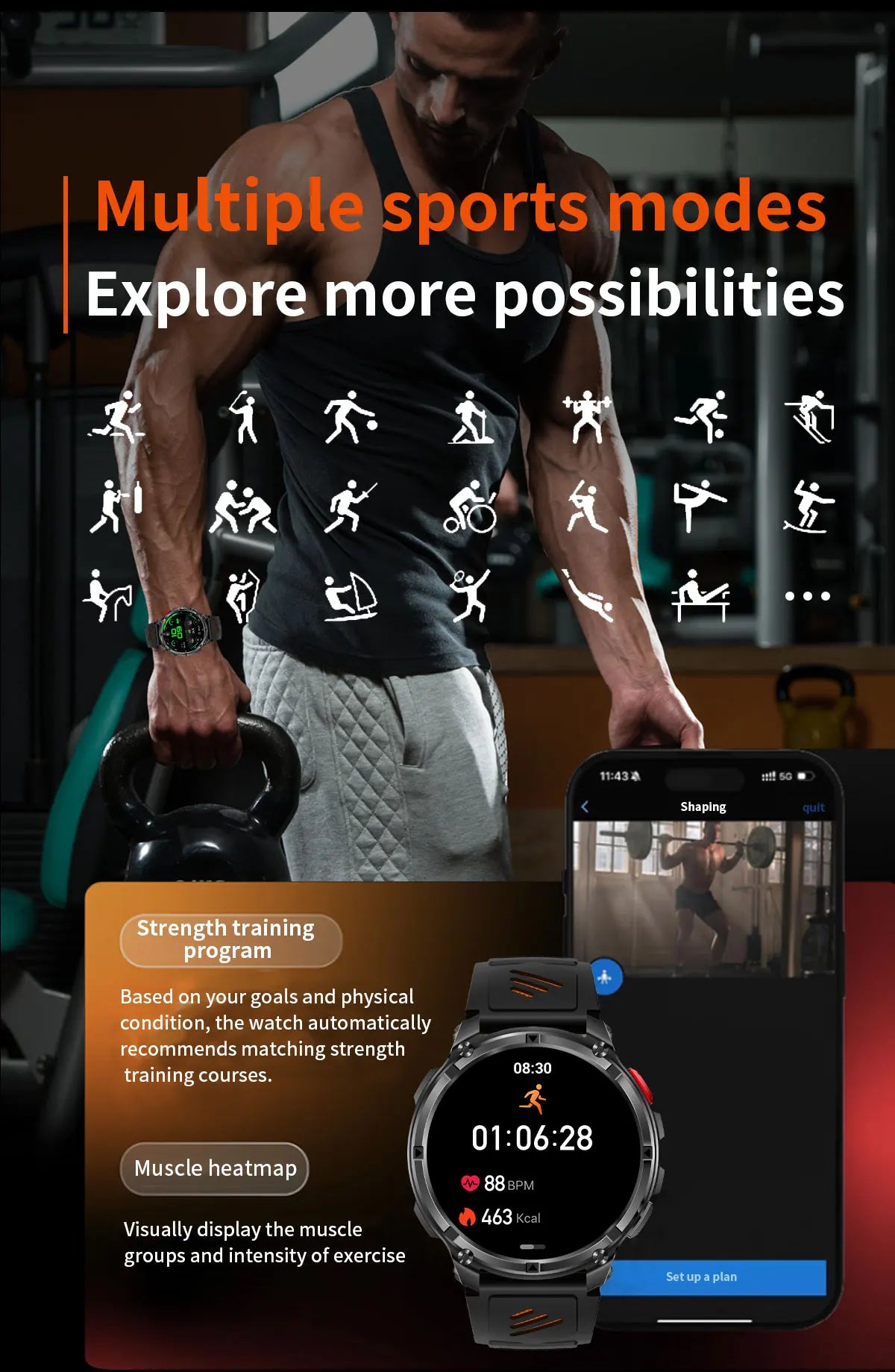 Waterproof GPS Compass Flashlight 1.7" AMOLED HD Call Sports Smart Watch