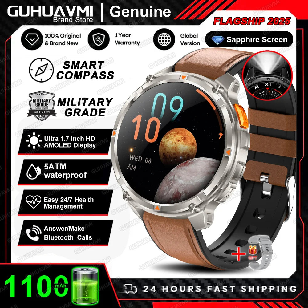 Waterproof GPS Compass Flashlight 1.7" AMOLED HD Call Sports Smart Watch